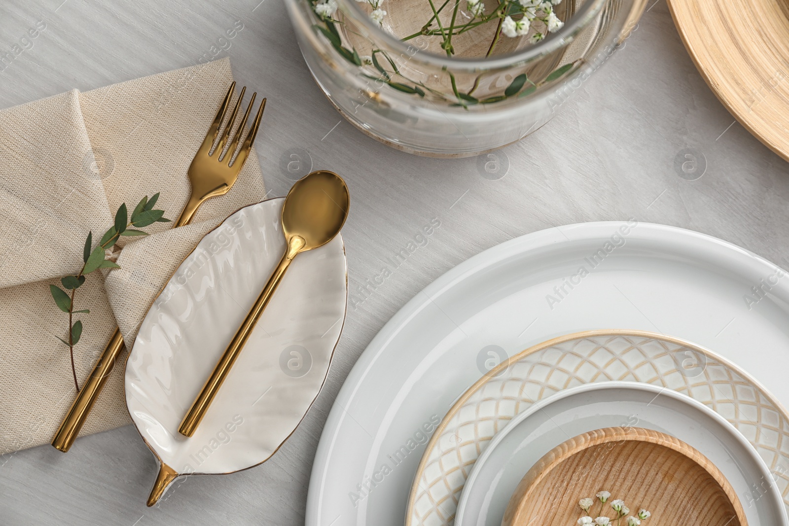 Photo of Elegant festive setting on white wooden table, flat lay