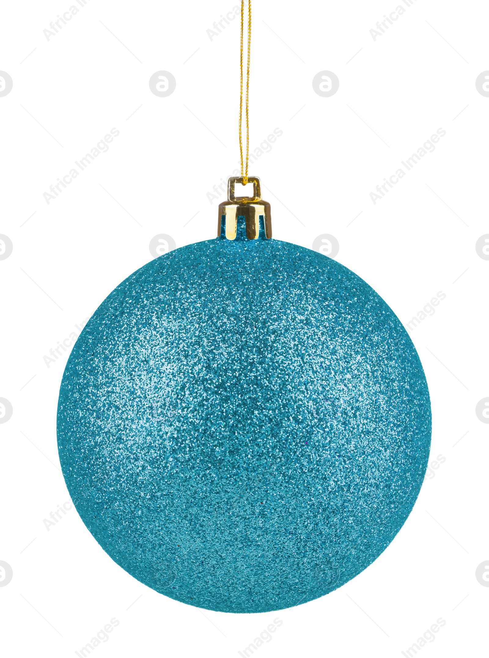 Image of Light blue Christmas ball hanging on white background