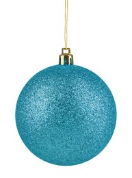 Image of Light blue Christmas ball hanging on white background