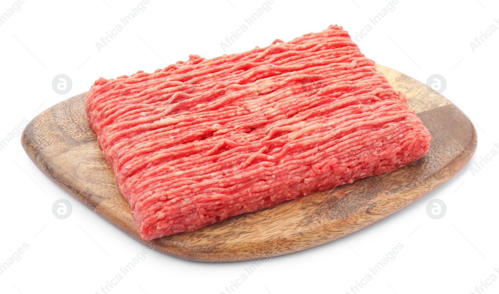 Photo of Wooden board with raw fresh minced meat on white background