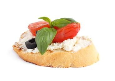 Photo of Delicious tomato bruschetta on white background. Traditional Italian antipasto