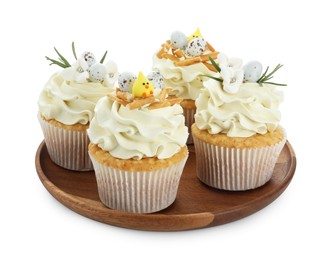 Photo of Tasty Easter cupcakes with vanilla cream isolated on white