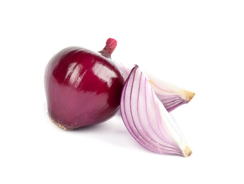 Fresh whole and cut red onions on white background