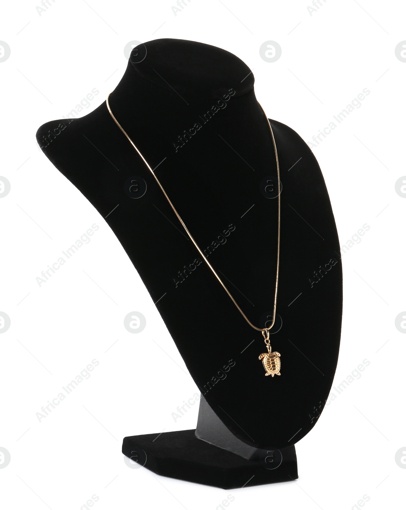 Photo of Stylish golden necklace on jewelry bust against white background