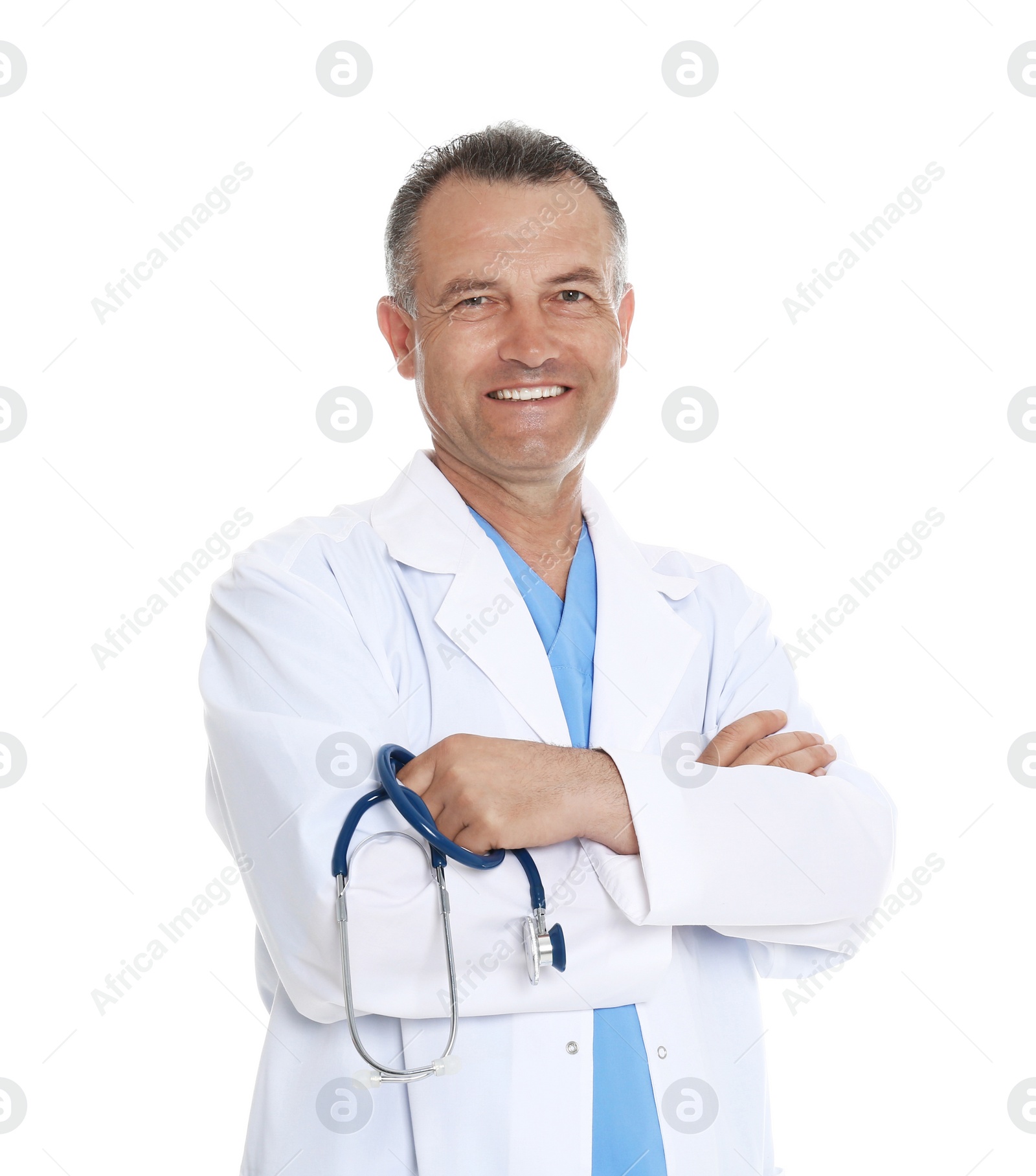 Photo of Portrait of experienced doctor in uniform on white background. Medical service