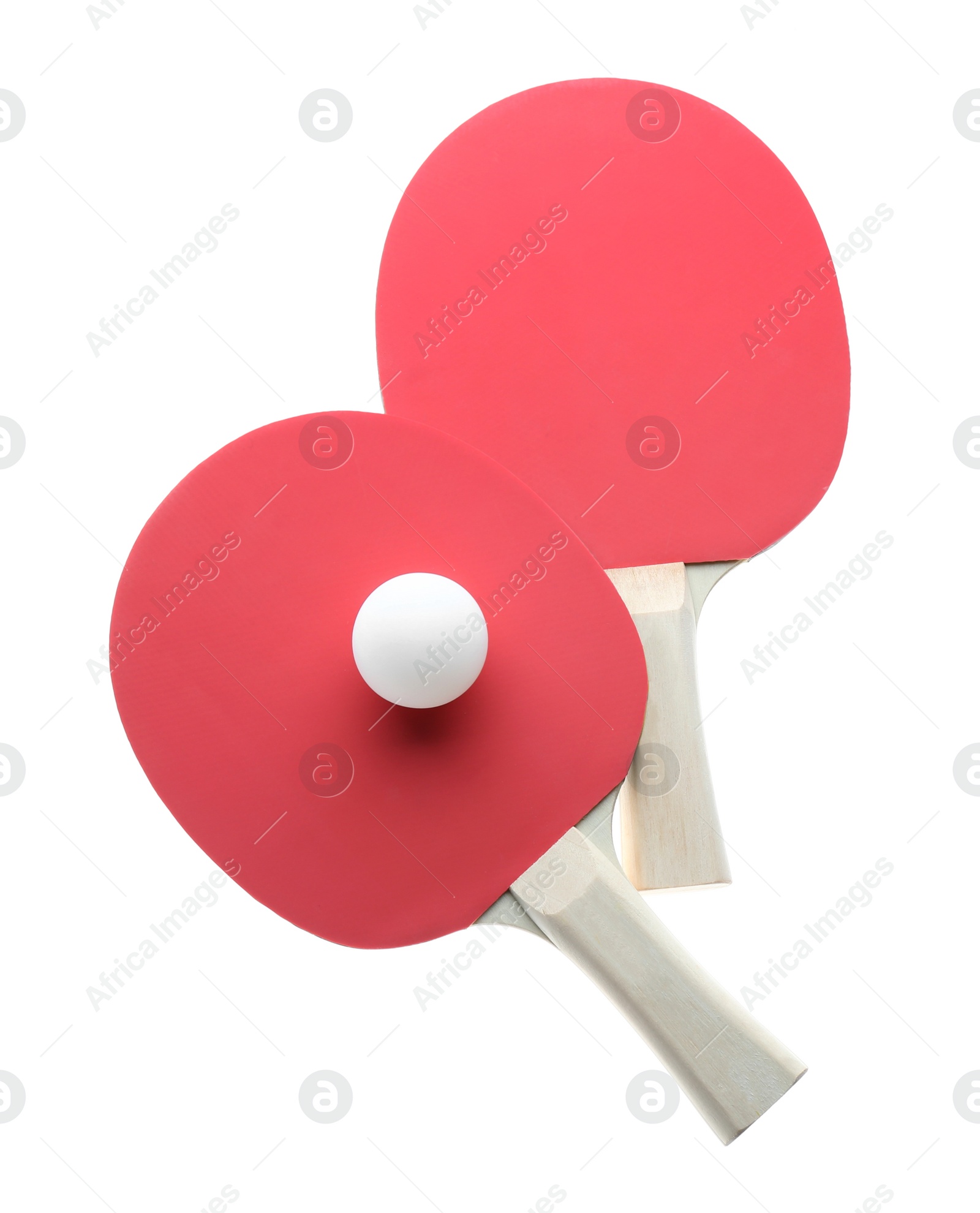 Photo of Ping pong rackets and ball isolated on white, top view