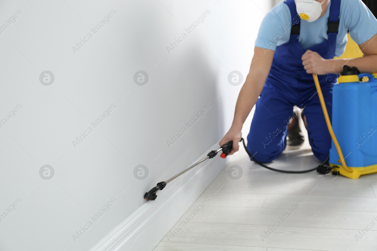 Photo of Pest control worker spraying pesticide in room. Space for text