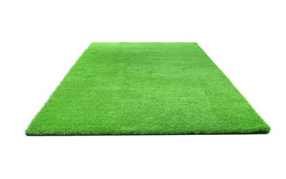 Photo of Artificial grass carpet on white background. Exterior element