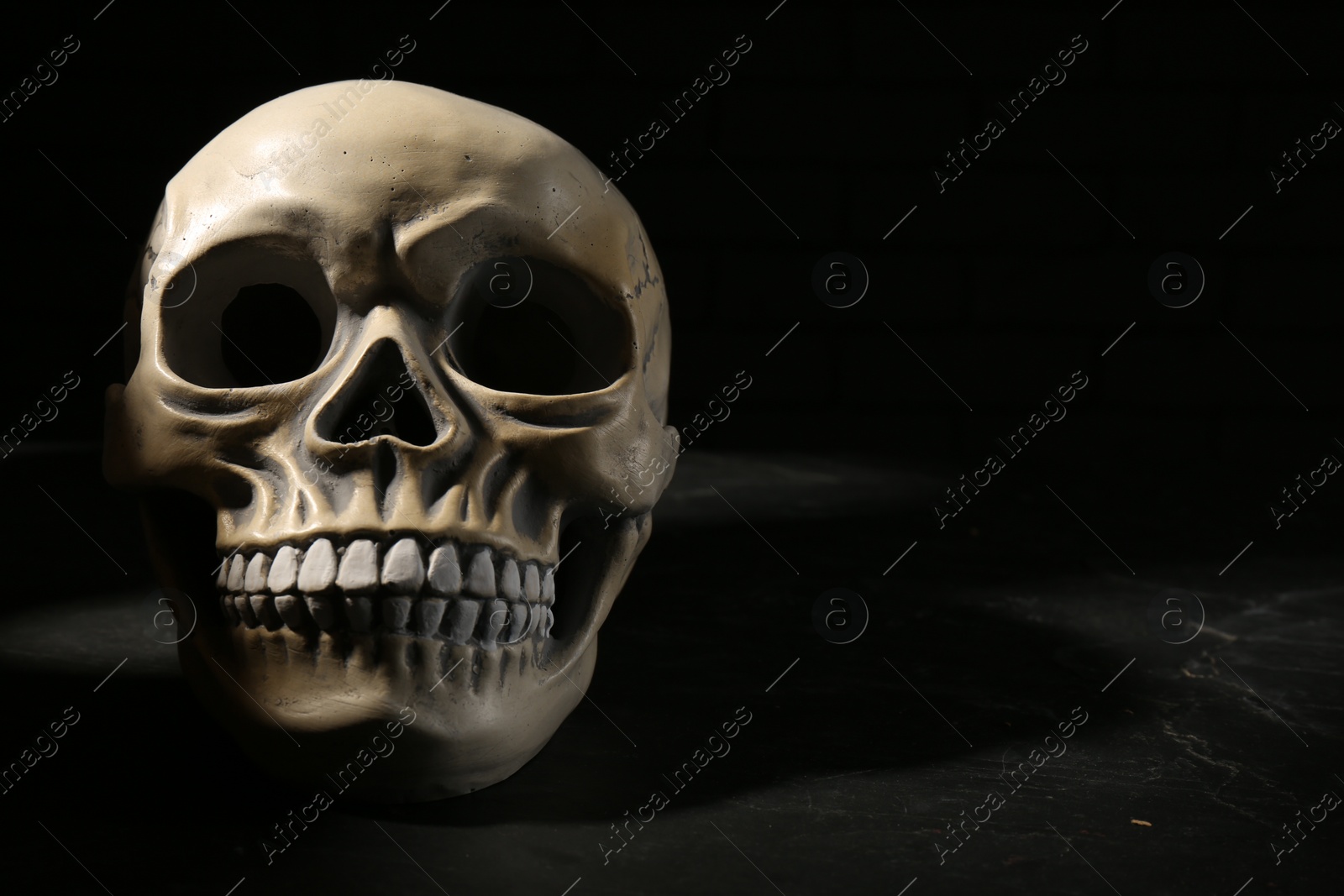 Photo of Old human skull with teeth on black background. Space for text