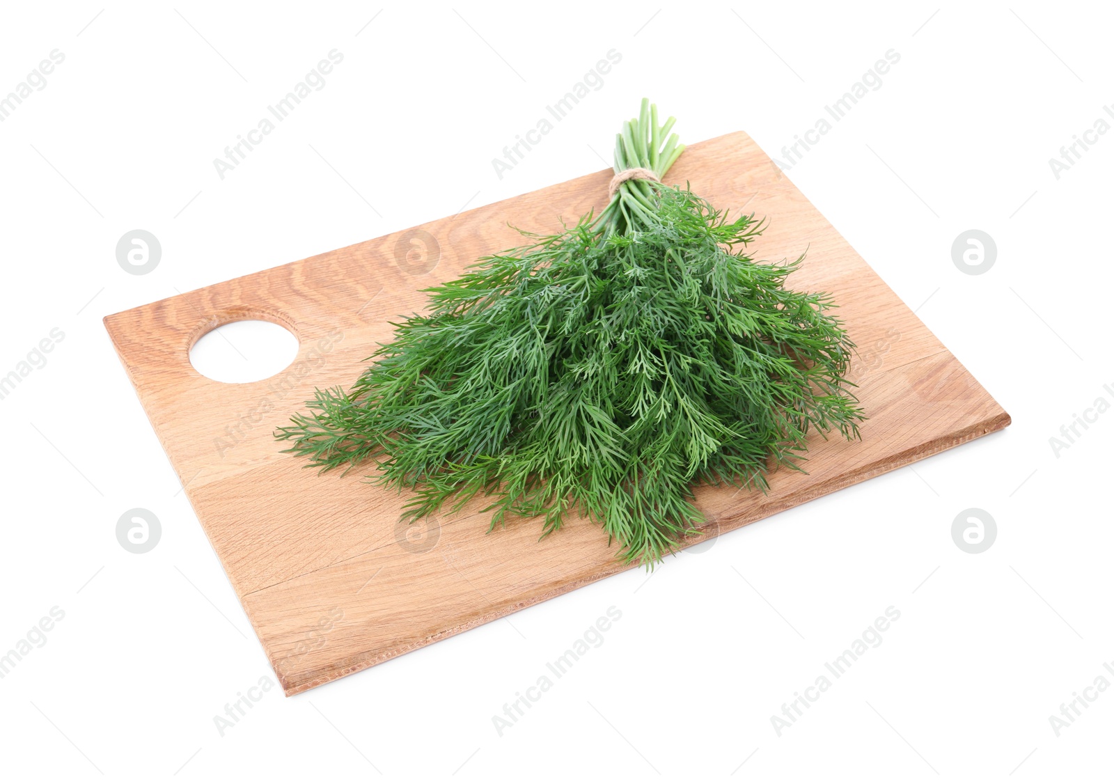 Photo of Board with fresh green dill isolated on white