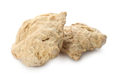 Dehydrated soy meat chunks on white background