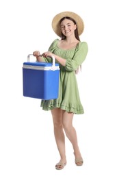 Photo of Happy young woman with plastic cool box isolated on white