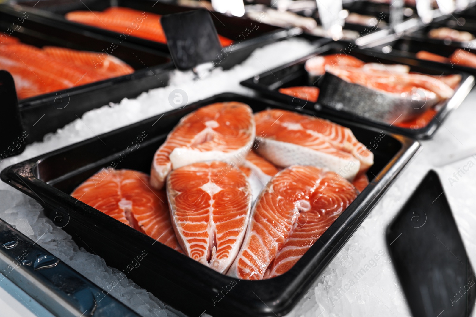 Photo of Steaks of fresh fish on ice in supermarket