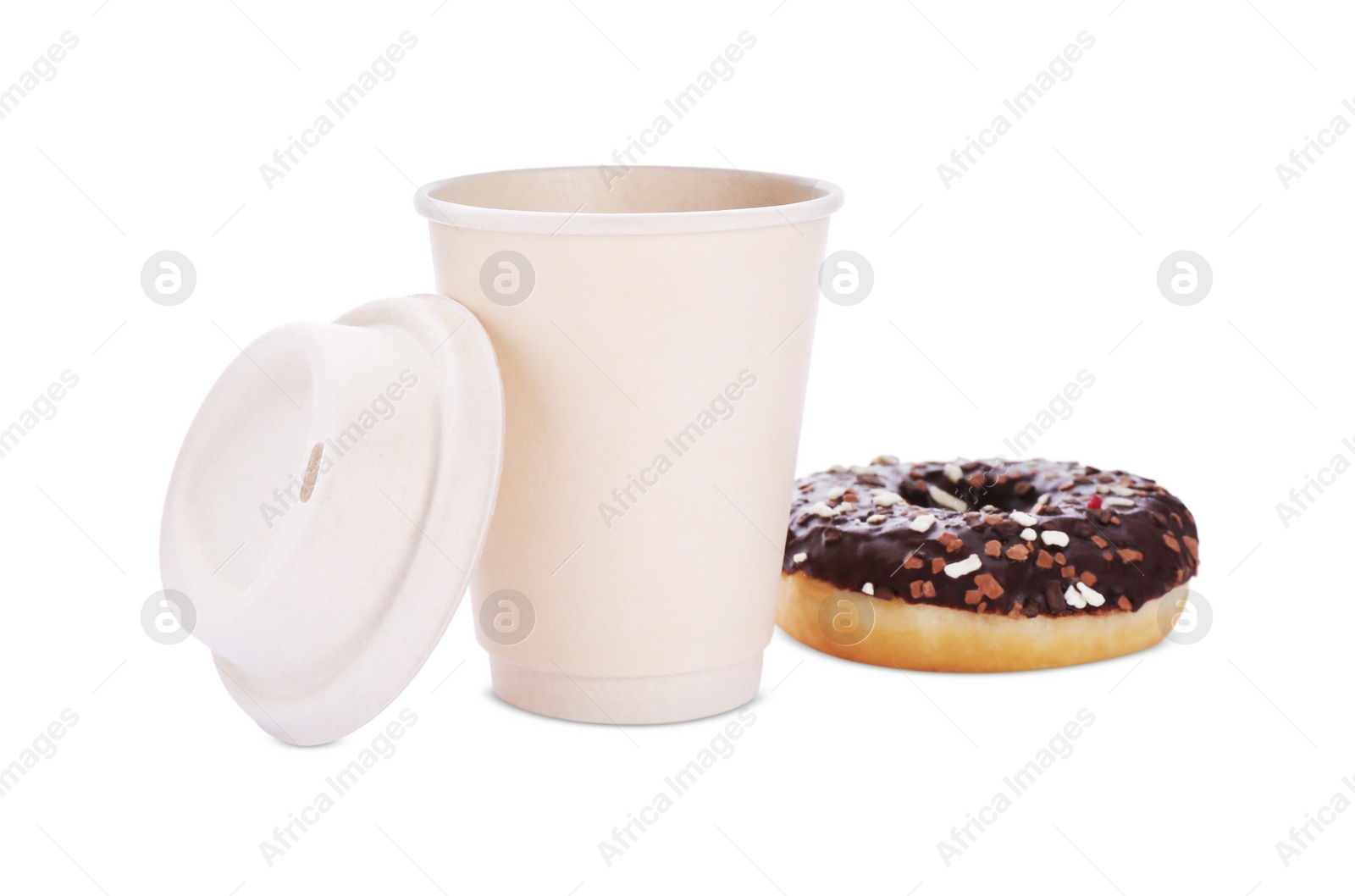 Photo of Tasty fresh donut with sprinkles and hot drink isolated on white