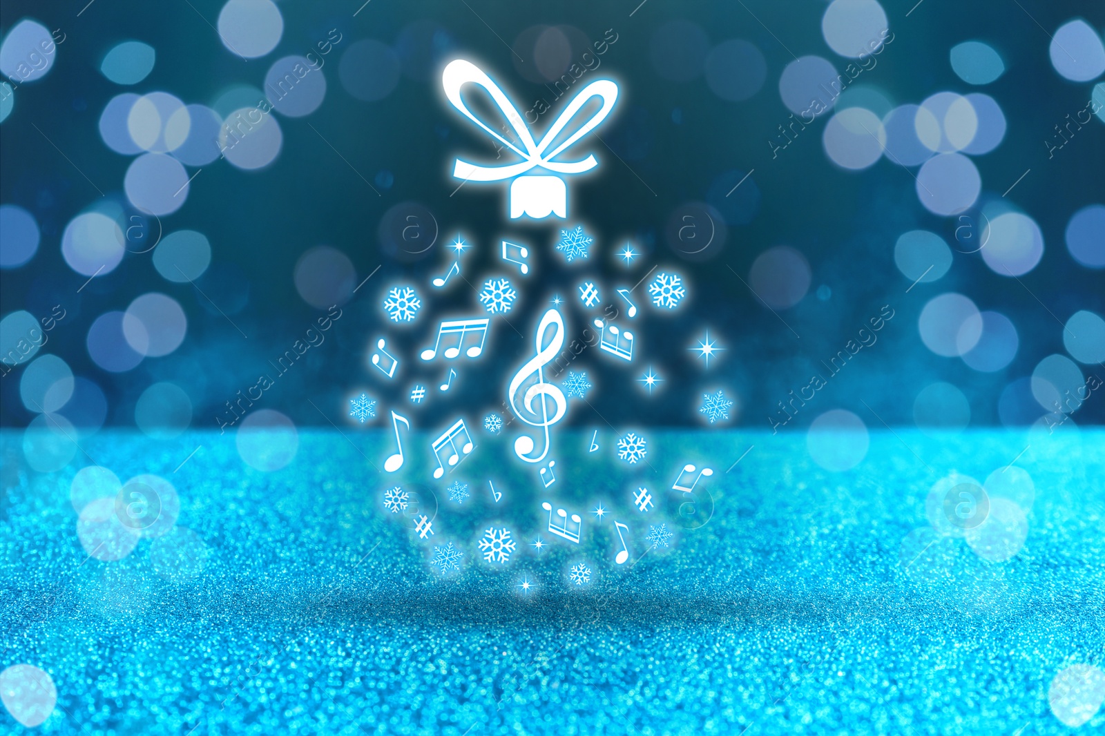 Image of Christmas ball made of music notes and snowflakes against blue background. Bokeh effect