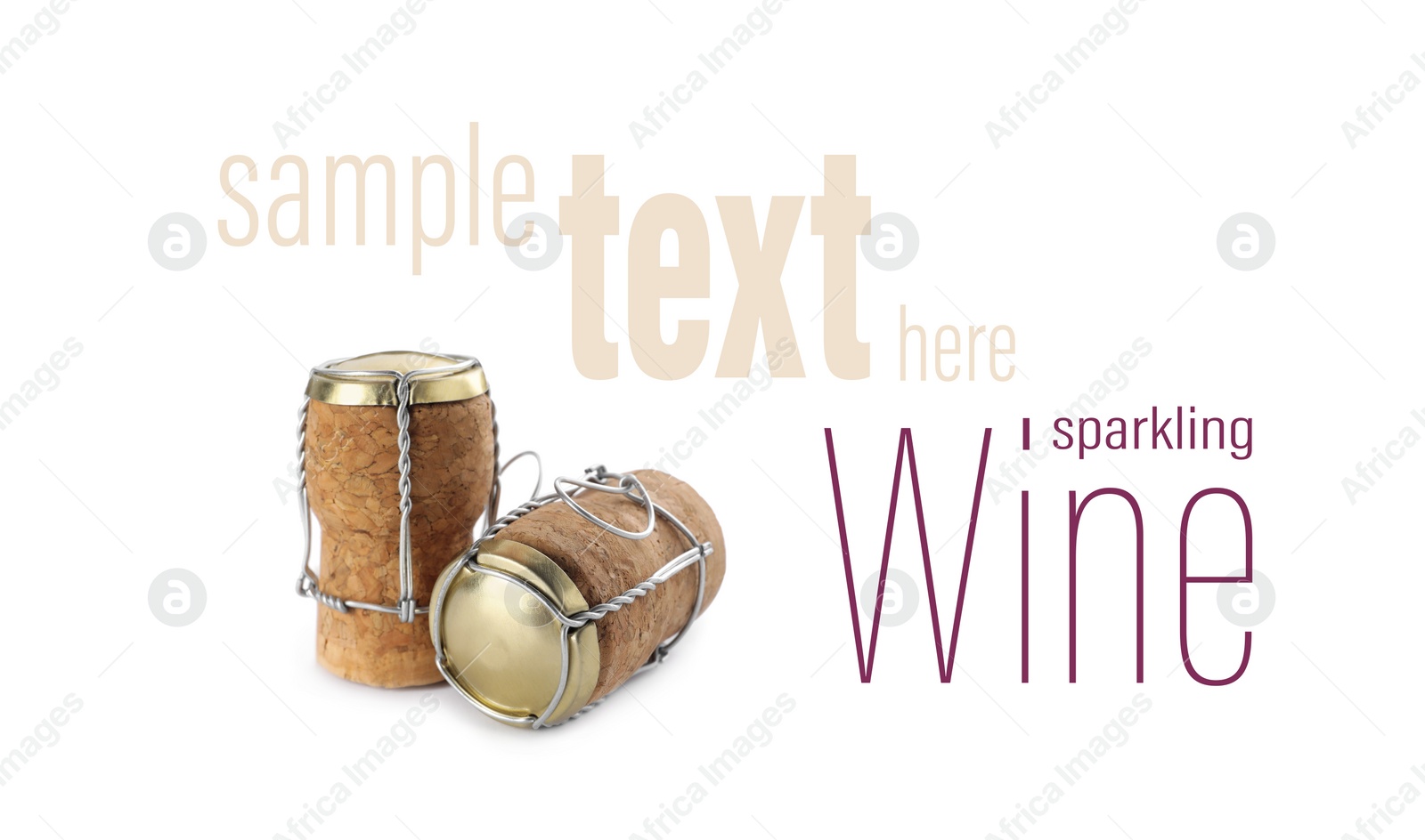 Image of Sparkling wine corks with muselet caps on white background. Space for design