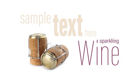 Sparkling wine corks with muselet caps on white background. Space for design