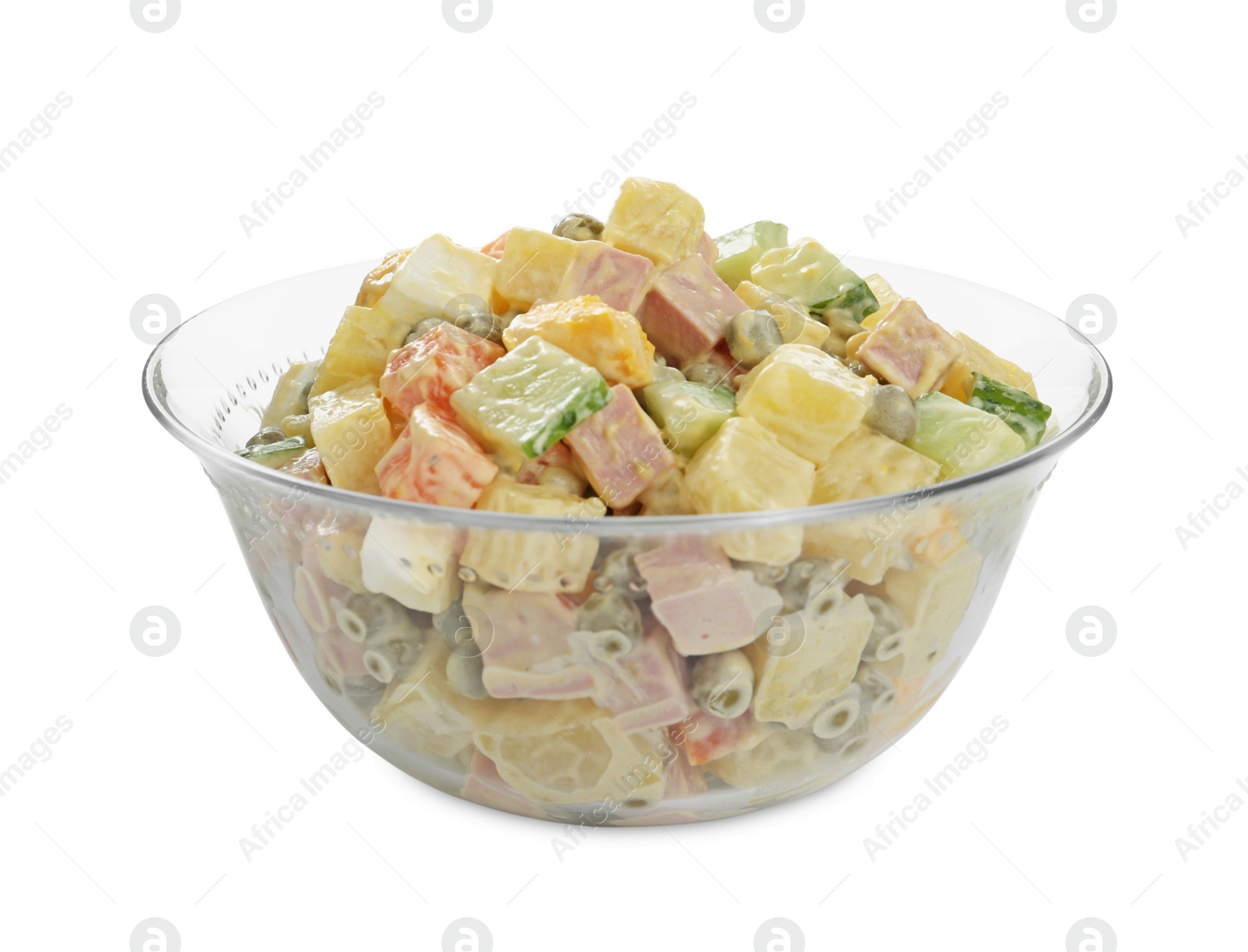 Photo of Delicious russian salad Olivier on white background