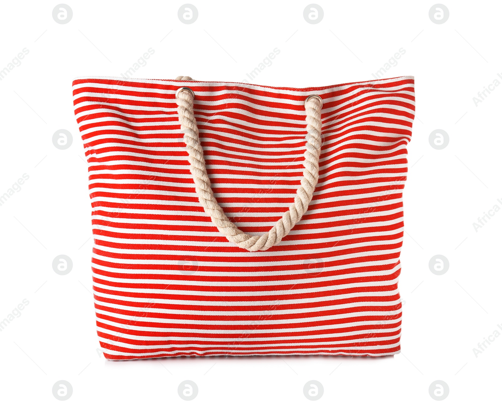 Photo of Bright bag on white background. Beach accessories