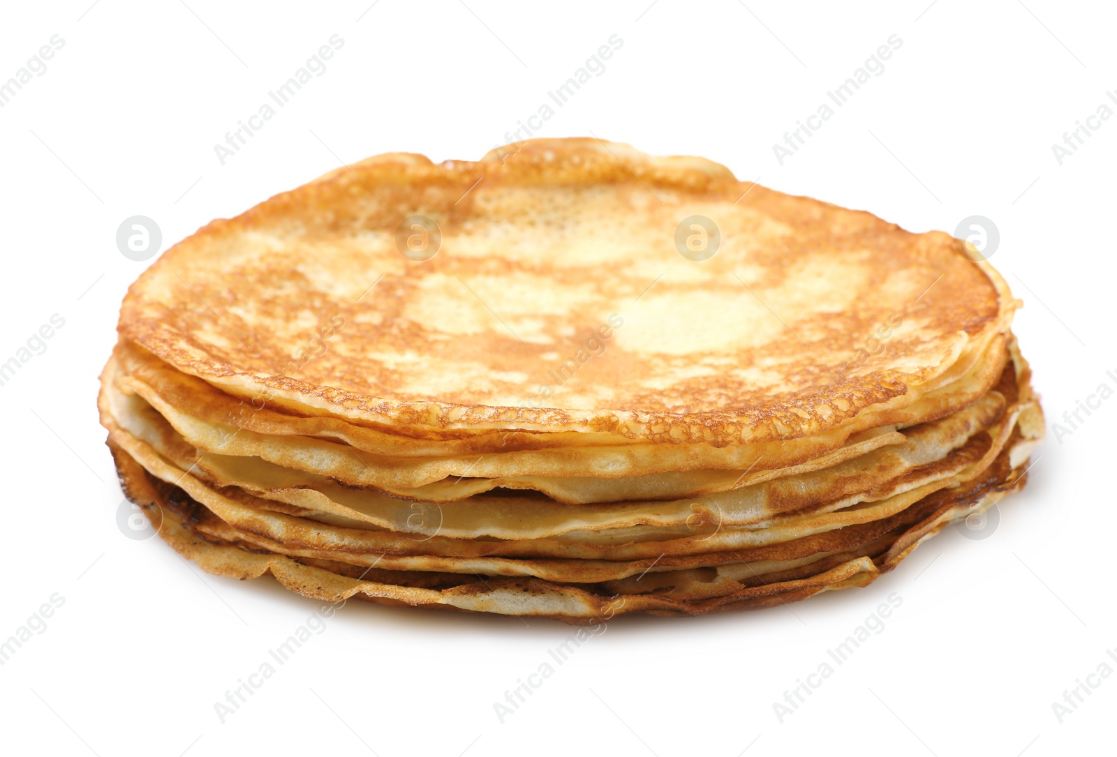 Photo of Stack of delicious crepes on white background