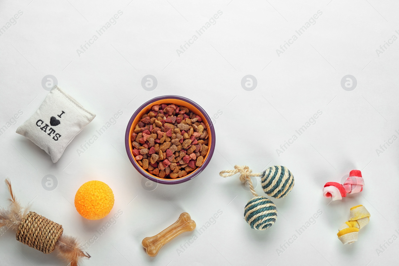 Photo of Cat's accessories and food on white background