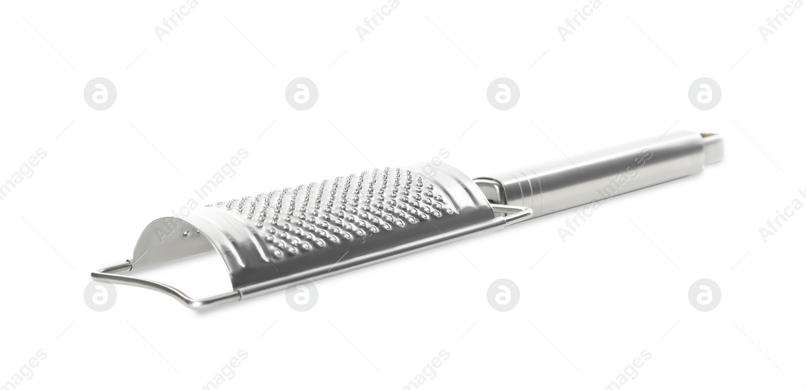 Photo of Modern stainless grater isolated on white. Cooking utensil