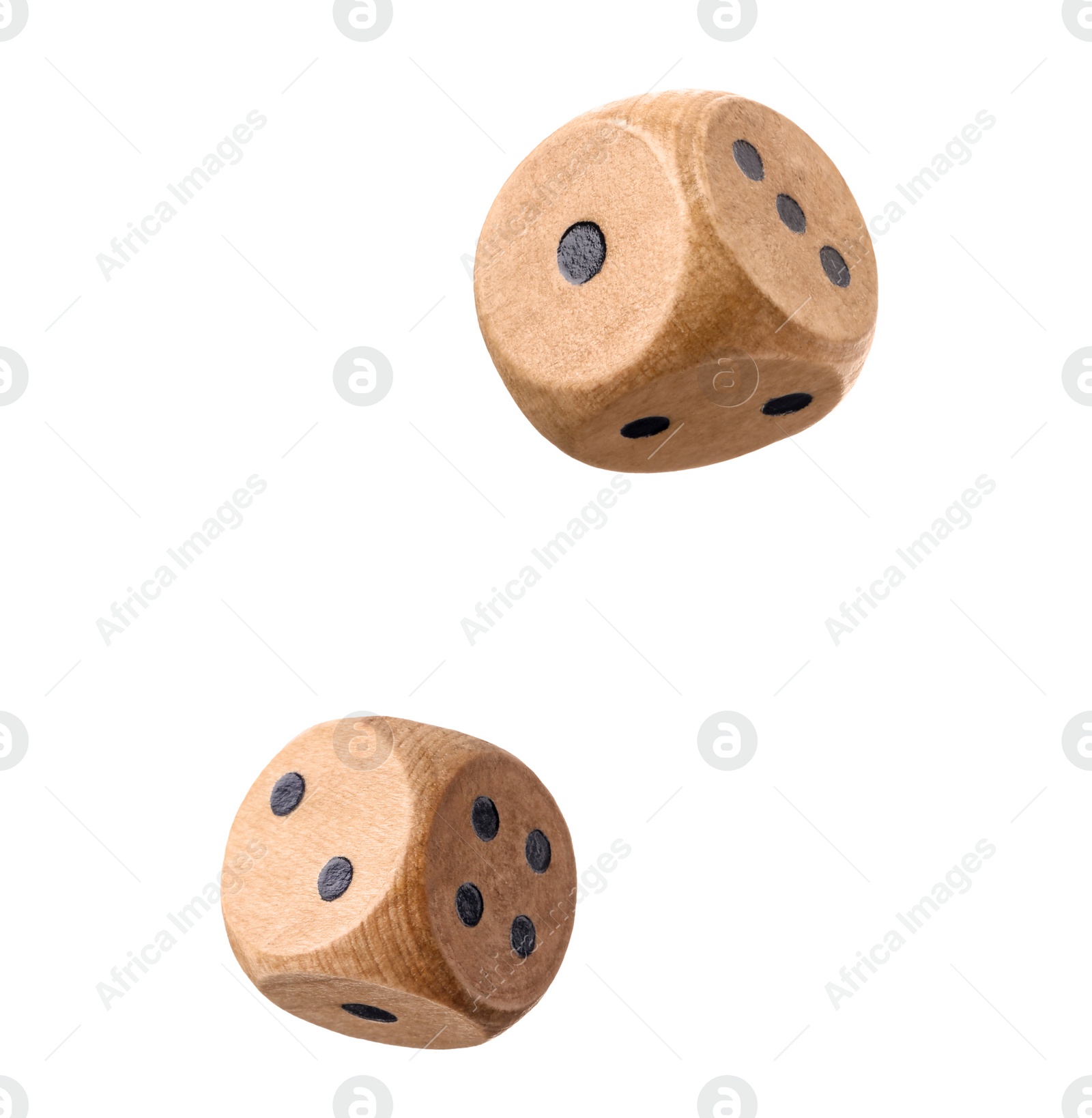 Image of Two wooden dice in air on white background