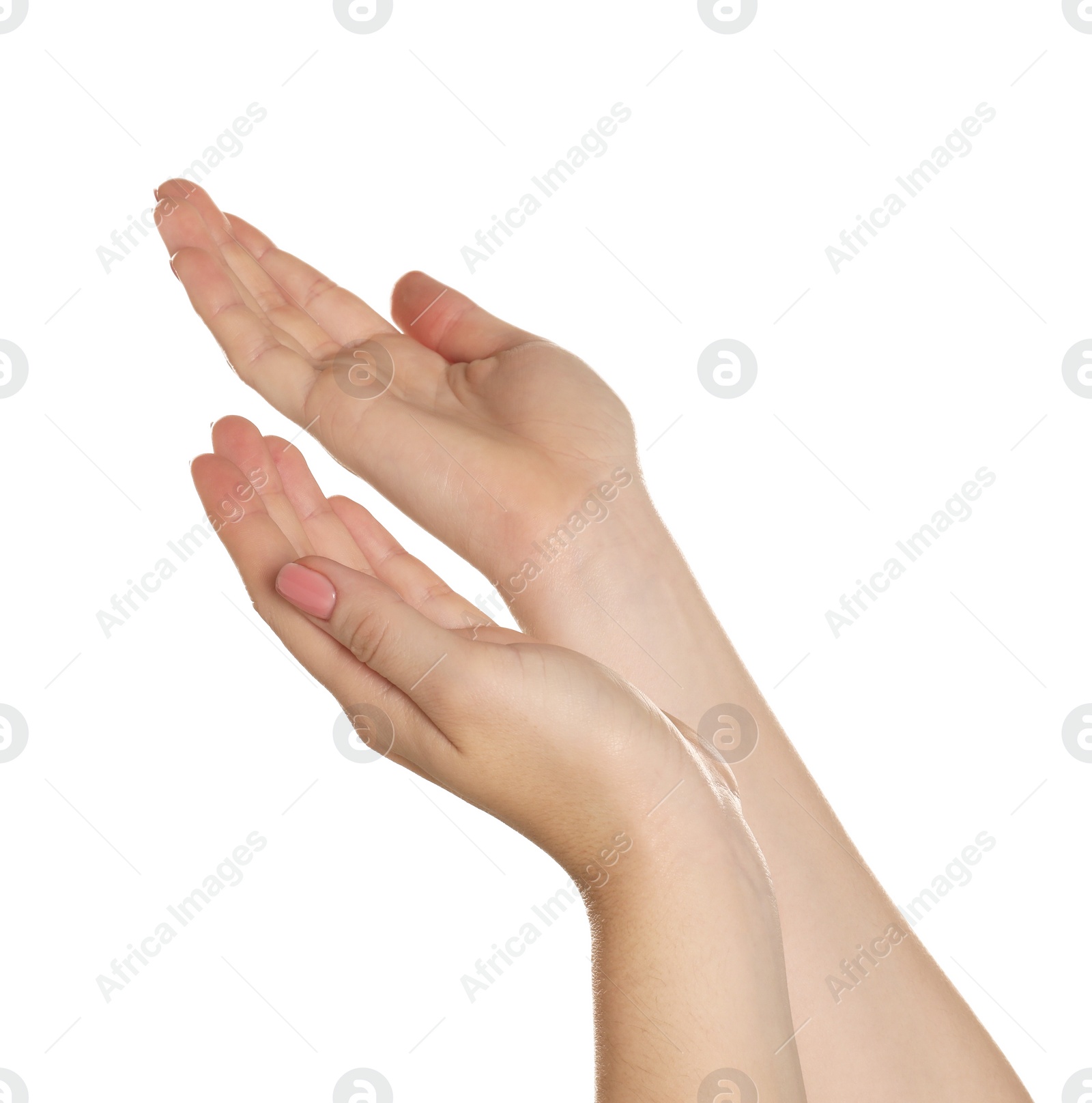 Photo of Freedom concept. Woman showing her hands on white background, closeup