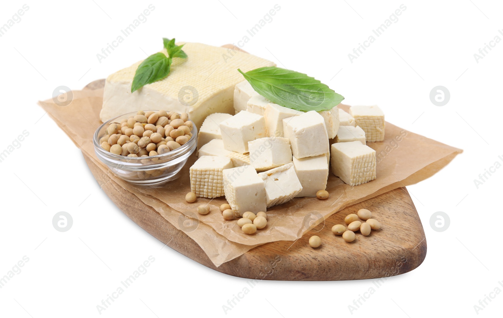 Photo of Delicious tofu cheese, basil and soybeans isolated on white