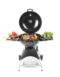 Photo of Modern barbecue grill with tasty food on white background