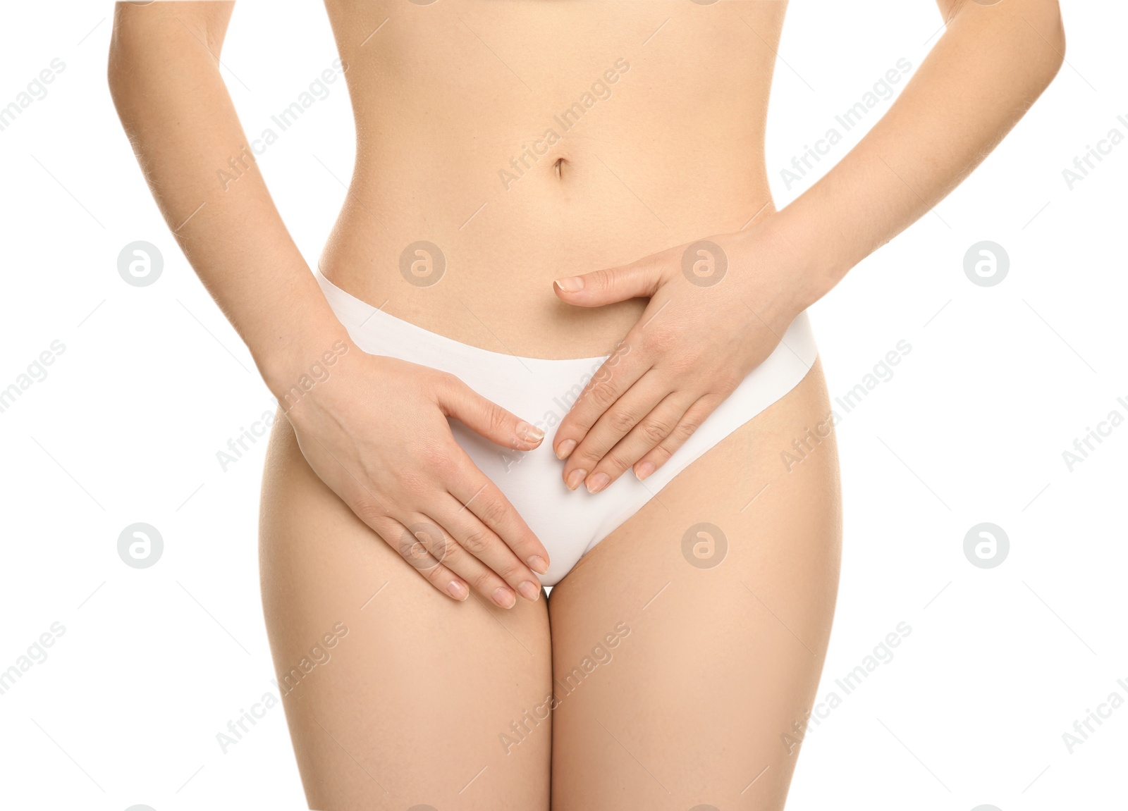 Photo of Gynecology. Woman in underwear on white background, closeup