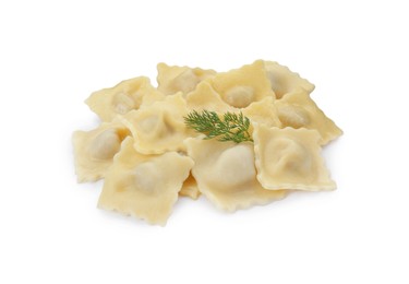 Delicious ravioli with tasty filling and dill isolated on white