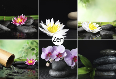 Collage with beautiful photos of stones. Zen and harmony