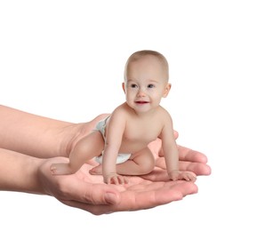 Image of Surrogacy concept. Woman holding cute little baby on white background, closeup
