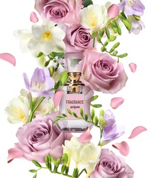 Image of Bottle of luxury perfume and beautiful flowers on white background