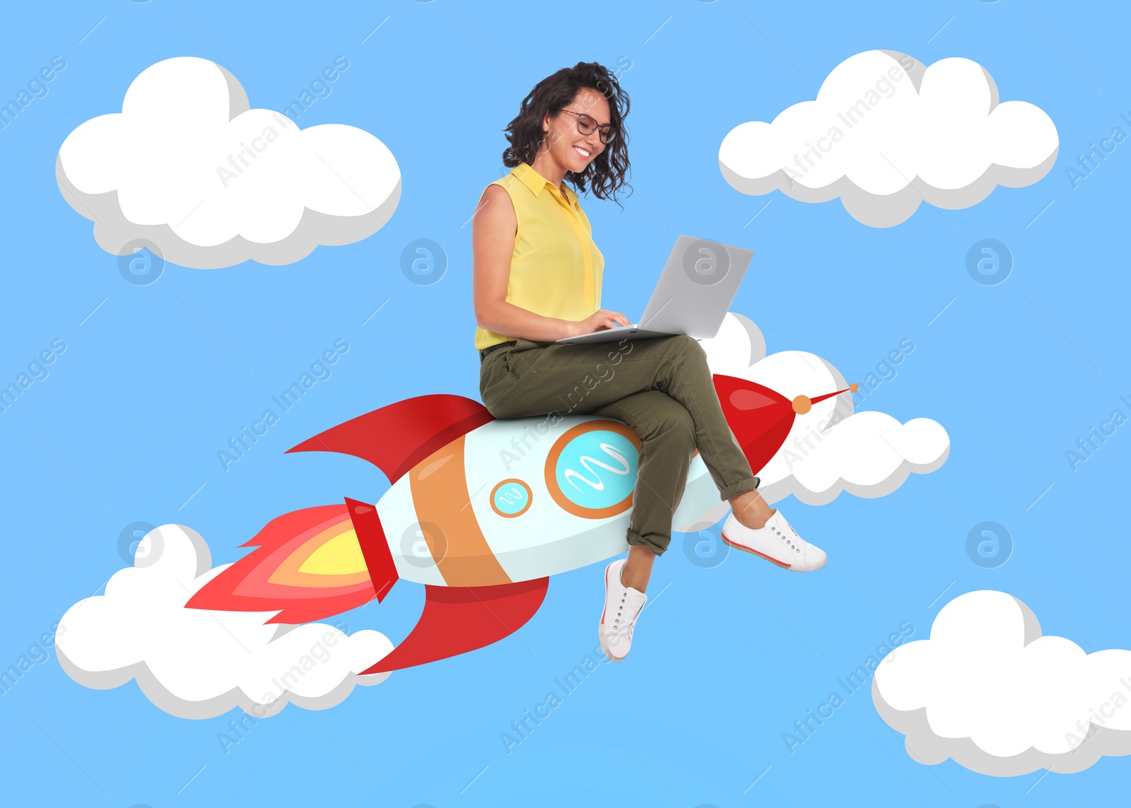 Image of Way to success. Happy young woman with laptop sitting on rocket rushing through sky. Illustration of spaceship and clouds
