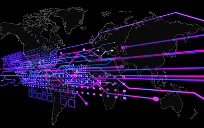 Image of Futuristic dashboard of business analytics information. Digital schema and world map on black background