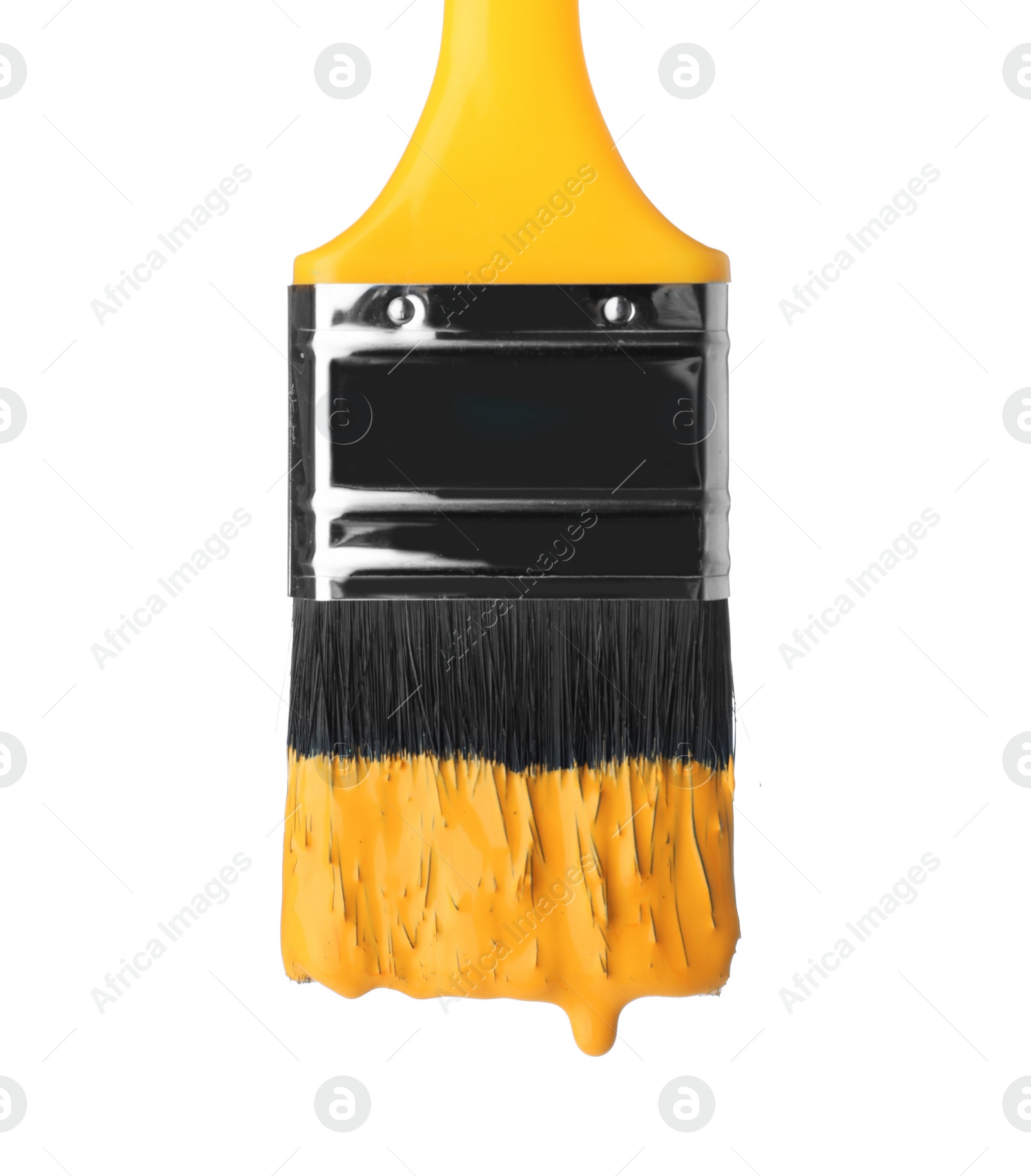 Photo of Brush with yellow paint on white background