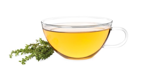 Photo of Cup of aromatic herbal tea and fresh thyme isolated on white