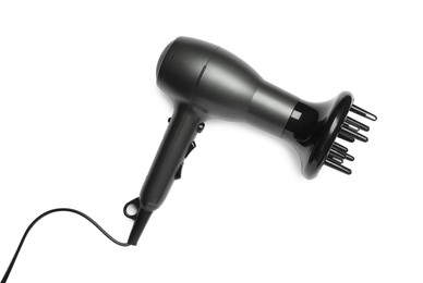 Modern hair dryer on white background, top view