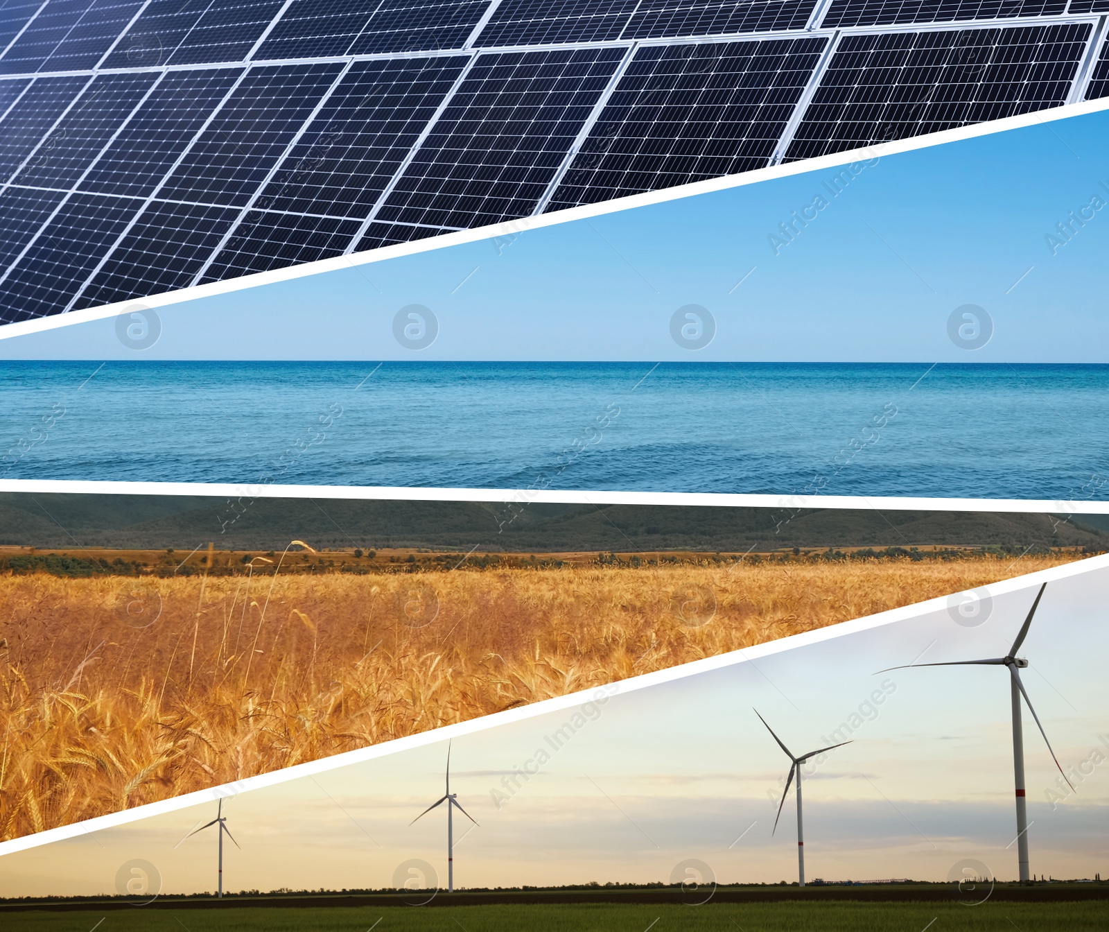 Image of Collage with photos of water, field, solar panels and wind turbines. Alternative energy source