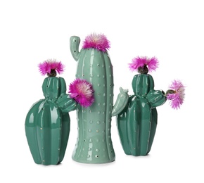 Photo of Trendy cactus shaped ceramic vases with flowers on white background