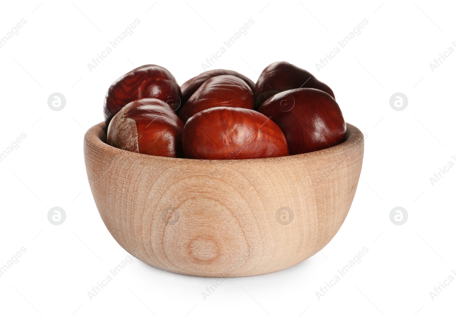 Photo of Horse chestnuts in bowl on white background