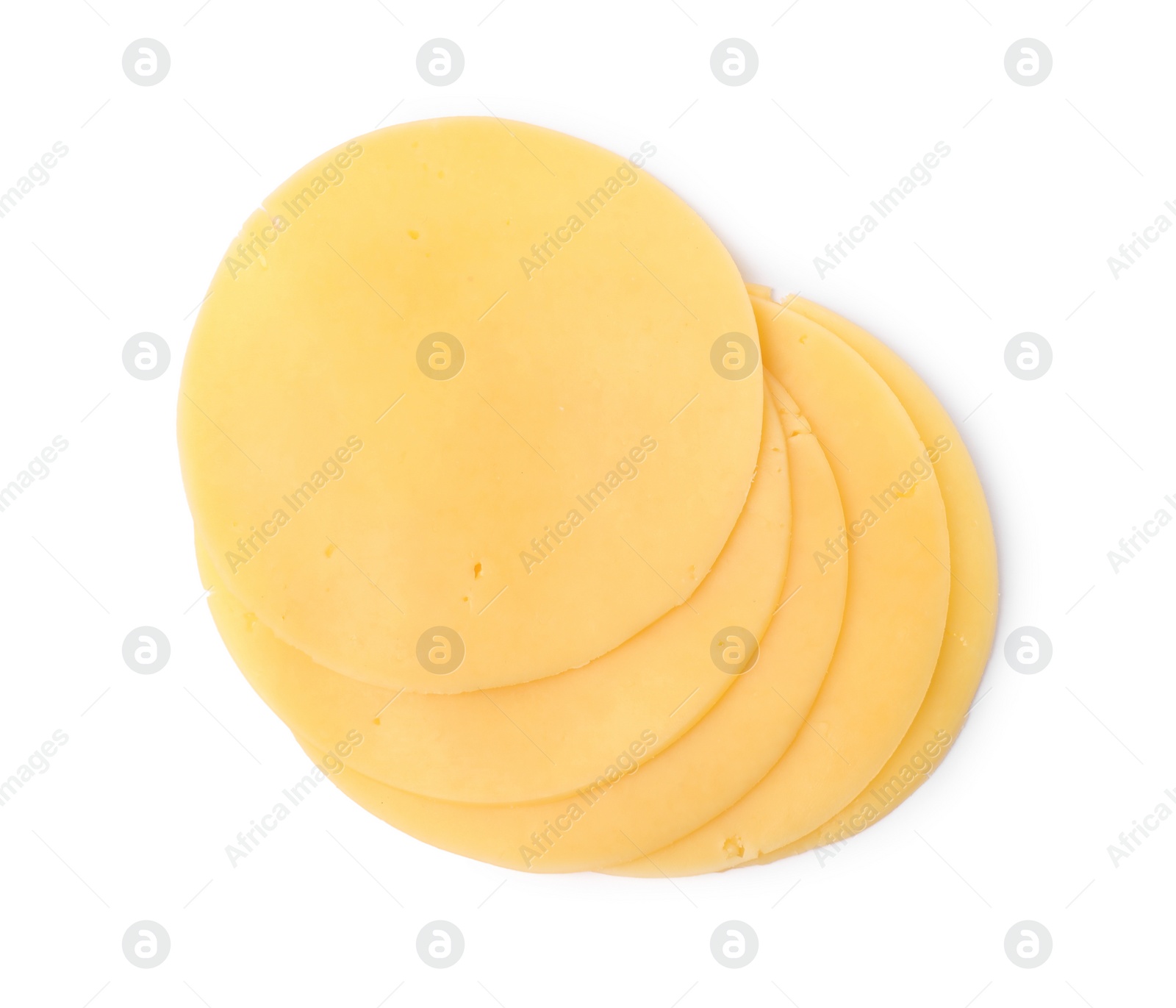 Photo of Slices of tasty fresh cheese isolated on white, top view