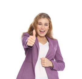 Photo of Happy young businesswoman showing thumb up gesture on white background. Celebrating victory