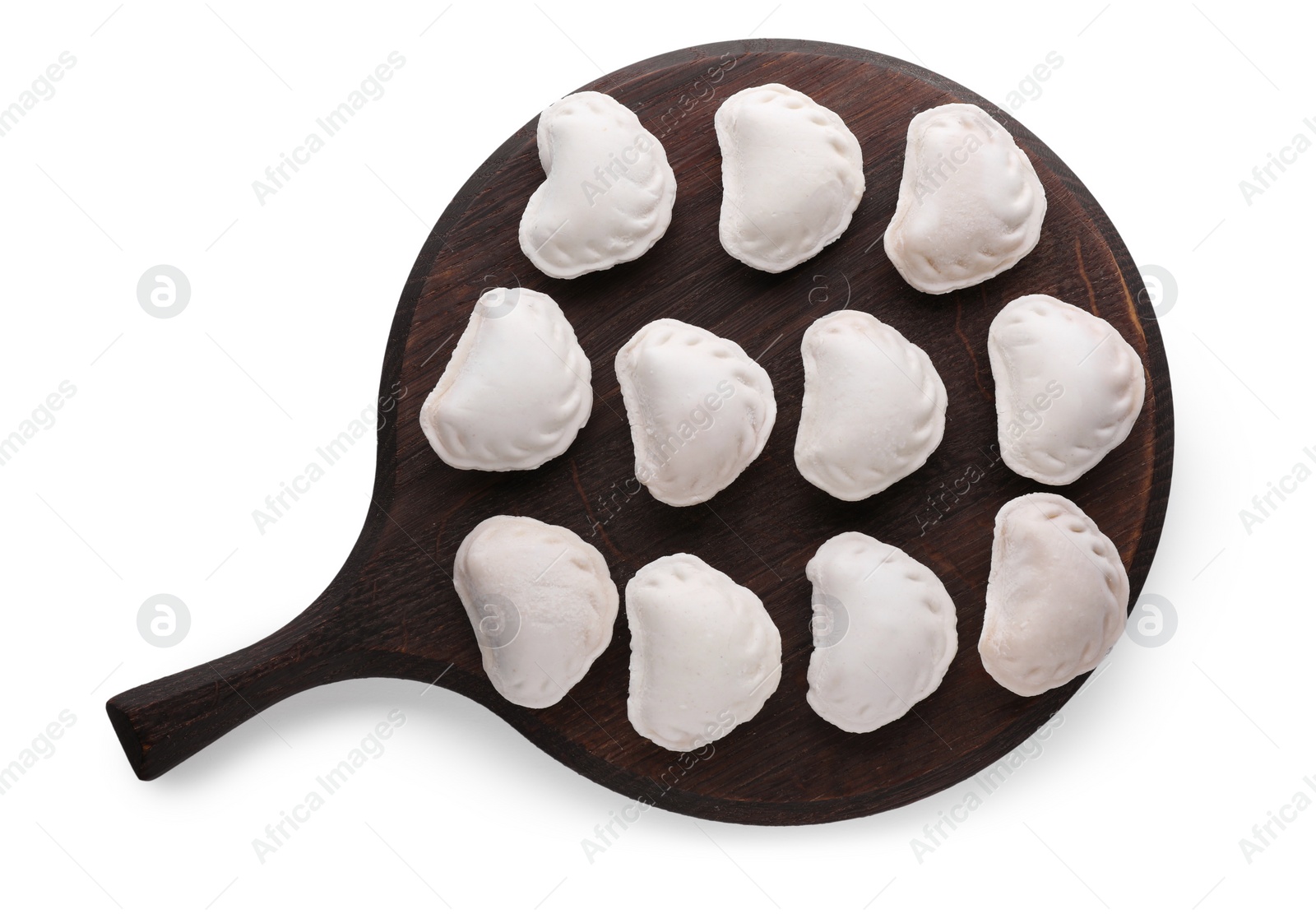 Photo of Raw dumplings (varenyky) on white background, top view