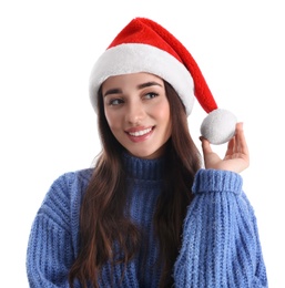 Beautiful woman wearing Santa Claus hat on white background