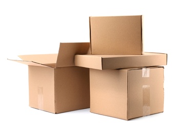 Pile of cardboard boxes on white background