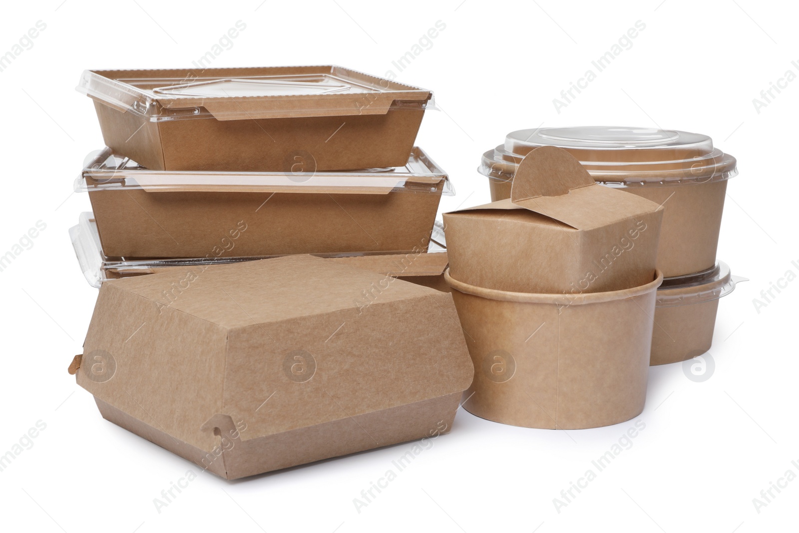 Photo of Set of different containers for food on white background