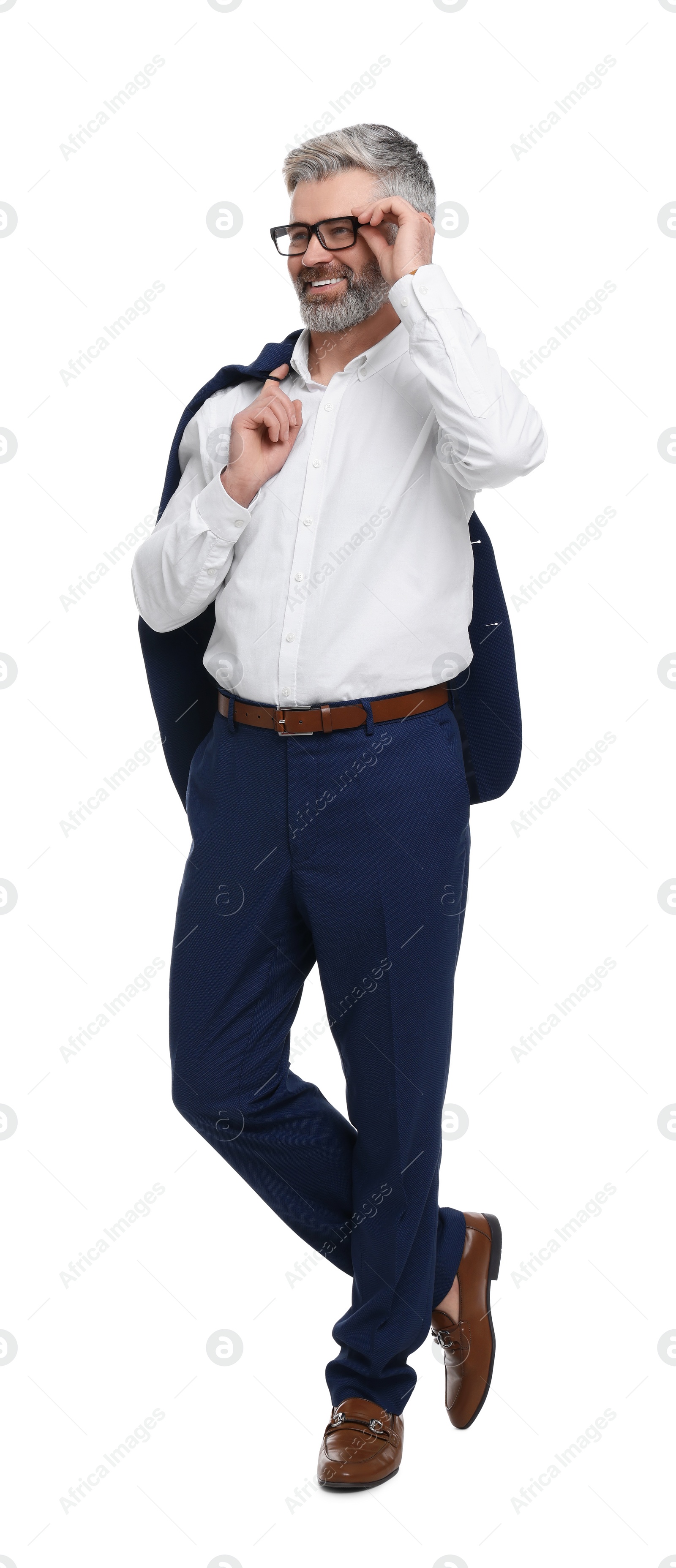 Photo of Mature businessman in stylish clothes posing on white background